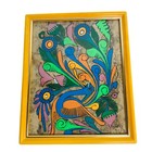 VTG Mexican Folk Art Amate Painted Tree Bark Bird Flowers Plastic Frame 11"x9"