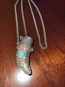 Vintage Turqoise Coral Horn Tibetan Necklace Locket Charm - Picture 1 of 6