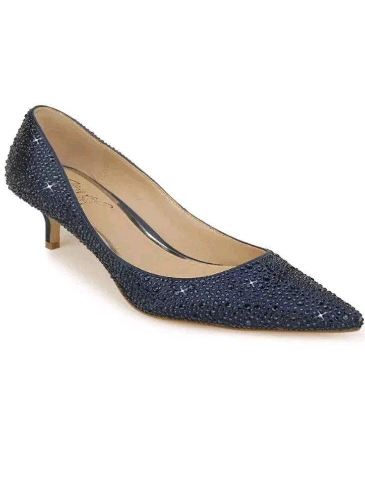 Jewel Badgley Mischka Women's Frenchie Kitten Heel Evening Pumps Navy Satin 7 - Image 1 of 4