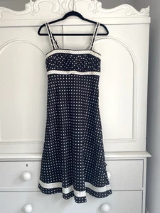 Charming LINEA polkadot 100% linen strappy empire line summer midi dress UK 8 - Picture 1 of 23