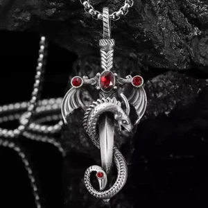 Dragon silver necklace red stones with gift box - Picture 1 of 2
