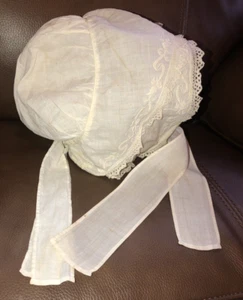 Antique Hand Embroidered White Cotton Child's Bonnet - Picture 1 of 8