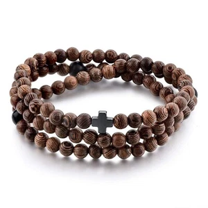 Bracciale Corda Perline Preghiera Cristiana | Perline Legno + Croce Ematite | Donna... - Foto 1 di 7