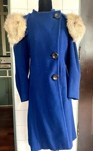 VTG 1930s Early 1940s Bright Royal Blue Wool Fox? Fur Asymmetric Coat M-L - Picture 1 of 16