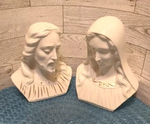 White Virgin Mary Jesus Christ Mother Madonna Savior Bust Porcelain Set Pair - Picture 1 of 18