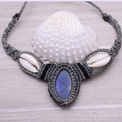 Handmade Natural Lapis Lazuli Cowrie Shell Boho Macrame Gemstone Choker Necklace - Image 1 of 4