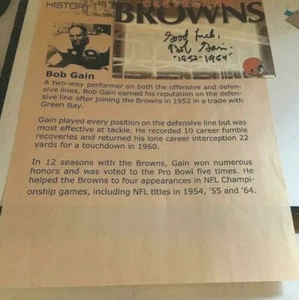 BOB GAIN AUTOGRAPHED CARD & BIO SHEET CLEVELAND BROWNS PLAYER 1951-1964 - Bild 1 von 1