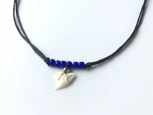 Real Shark Tooth Necklace Men Blue Bead Vintage Beach Sea Free Shipping - Picture 1 of 6
