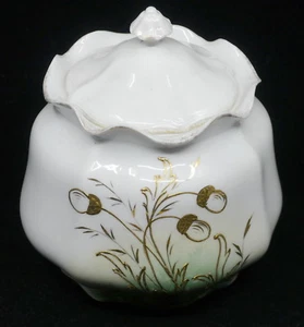 OLD PORCELAIN BISCUIT, CRACKER JAR w GOLD & GREEN DECORATION - Picture 1 of 6