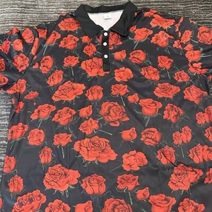 Golf Shirt Mens 2XL Polo Rose Red Floral Pattern All Over Print Black Casual New - Picture 1 of 9