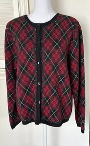 Talbots Cardigan Argyle Wool Xmas Holly Plaid Red Black Green Tartan XL - Picture 1 of 6