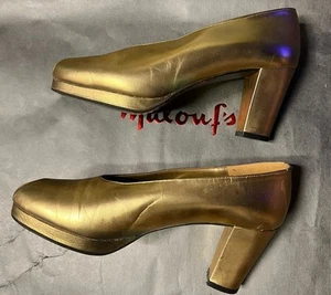 Zapatos de salón de plataforma de cuero HO2 Studio vintage años 70 dorado mate España talla 7 M - Imagen 1 de 11