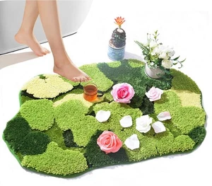 Cute Green Moss Shag Bathroom Rugs Leaf Bath Mats for Bathroom Decor Aestheti... - Picture 1 of 6