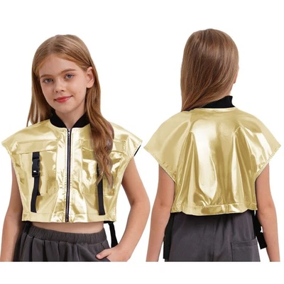 Kids Girls Vest Sleeveless Shirt Stage Jacket Hip Hop Dancewear Shiny Costume - Image 1 of 4