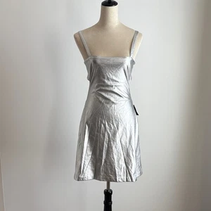 ANNA SUI Silver Iggy Faux Leather Mini Dress Tie Back Cutout Metallic Sz 4 READ - Picture 1 of 16