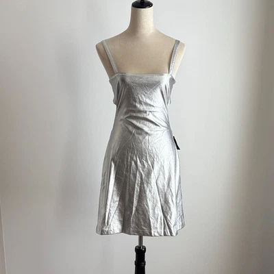 ANNA SUI Silver Iggy Faux Leather Mini Dress Tie Back Cutout Metallic Sz 4 READ - Image 1 of 4