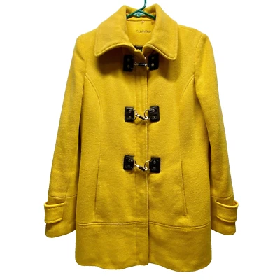 Abrigo para mujer Calvin Klein dorado amarillo mezcla de lana pateante delantero talla 8 usado en excelente estado Foto 1 de 4