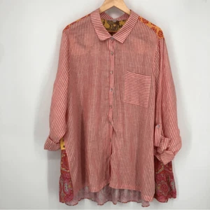 John Mark Shirt Womens 2X Pink Pinstripe Linen Patchwork Pocket Long Sleeve - Picture 1 of 11