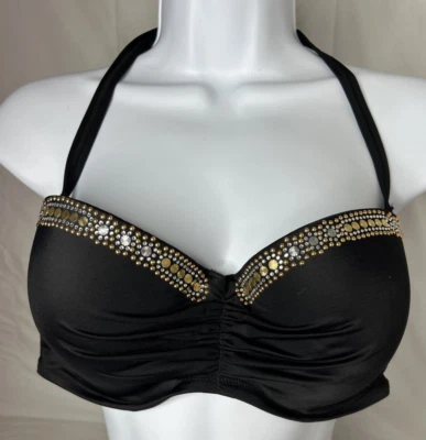 Top de bikini acolchado negro Victoria Secret con detalles dorados y plateados 36DD Foto 1 de 4