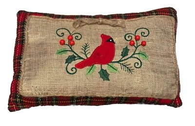 Christmas Cardinal Burlap Twine Embroidered Plaid Throw Pillows-Set Of 2 - Image 1 of 4