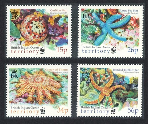 BIOT WWF Sea Stars 4v 2001 MNH SG#253-256 MI#266-269 Sc#231-234 CV£7.90 Cover