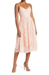 NSR Pink Crochet Stretch Lace Overlay Straps Midi Dress Lined Women Size Small - Picture 1 of 14