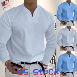 Mens Casual Summer V Neck Long Sleeve T-Shirt Muscle Workout Tee Top Blouse - Picture 1 of 5
