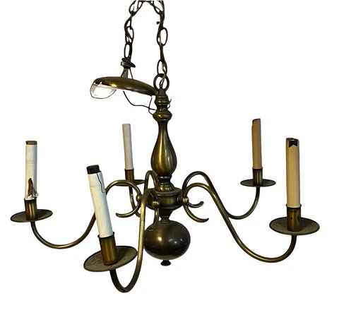Vintage 1970s Colonial Williamsburg Style 5 Light Chandelier 24” Brushed Bronze Cover