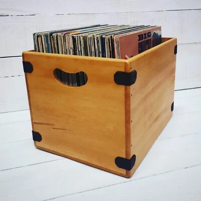 Handcrafted LP Record Box Large 80 12" Albums Vintage Solid Wooden Vinyl Crate - Image 1 of 4