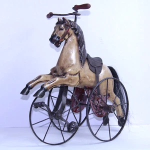 19th c. Wooden Carousel Horse Toy Tricycle Velocipede Iron Frame, Leather Saddle - Picture 1 of 11