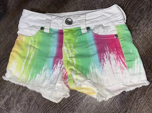 Justice Sz 7 Slim Rainbow Tie Dye Paint Splatter White Denim Jean Shorts Guc  - Picture 1 of 4
