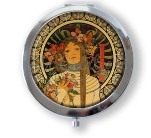 Alphonse Mucha Flower Bouquet Art Nouveau Boho - Handmade Gypsy Compact Mirror - Picture 1 of 4