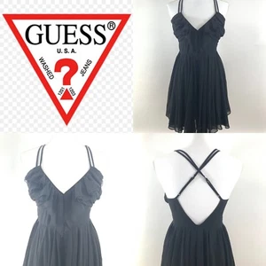 Guess Little Black Dress 9 LBD Ruffle Open Back Lace Party Crossback - Picture 1 of 9