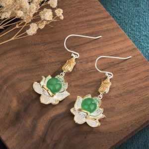Jade Drop Dangle Earrings Lotus Flower Gemstone Boho 18K White Gold Plated - Picture 1 of 6