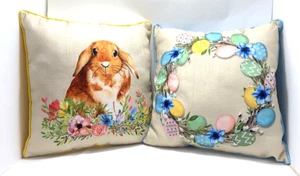 Easter Pillows 18"x18" Rabbit & Wreath Embroidery & Applique Accents  B4-7*N - Picture 1 of 5