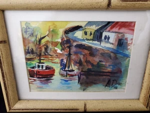 Vintage Watercolor Miniature Painting Boats On Water Landscape Signed 1978 98? - Picture 1 of 4
