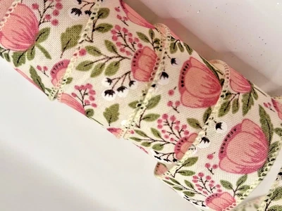 腮红粉色牡丹牡丹花棉质花卉丝带 1.5 英寸宽有线边缘 5 码 — 第 1/4 张图片