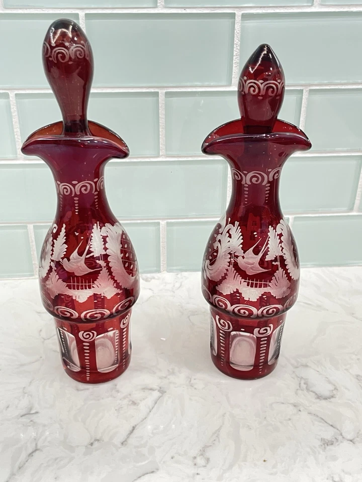 PAIR! BOHEMIAN ART GLASS RUBY STAINED & CUT DECANTER CASTLES DESIGN W/ STOPPER - Image 1 of 4