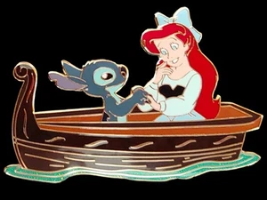 Fantasy Pin - JUMBO Disney Stitch Holding Hands with Ariel in Boat Kiss Scene LE - Picture 1 of 2