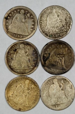 Lote de 6 monedas de diez centavos libertad sentada - 1849, 1877, 1883, ND, ND-CC, 1876? Foto 1 de 2