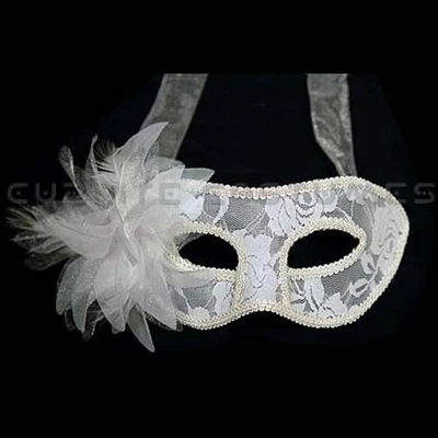 White Venetian Women’s Lace Masquerade Mask with Feathers & Flowers Ribbon Tie - Image 1 of 2
