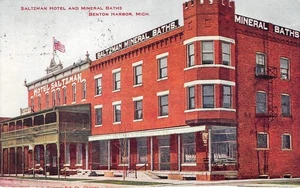 SALTZMAN HOTEL & MINERAL BATHS Benton Harbor, MI 1909 Vintage Postcard - Picture 1 of 1