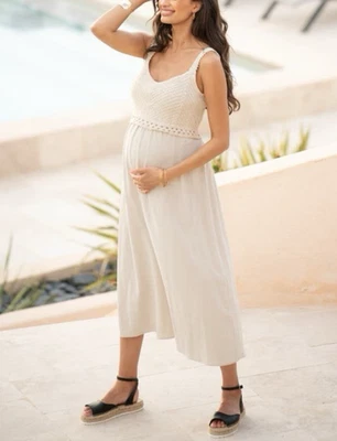 Vestido de Enfermería Maternidad Seraphine Talla 14 Crema Mezcla de Lino Crochet Sin Tirantes Boho Foto 1 de 4