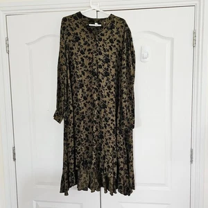 AND/OR John Lewis Dress Size L Green Black Shirt Floral Print Hi-Lo Pockets - Picture 1 of 8
