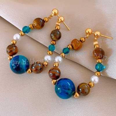 Pendientes de aro colgantes con cuentas redondas de piedras preciosas de ojo de tigre azul amarillo natural Foto 1 de 4