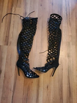 Над колена бедра сапоги Stiletto каблук с открытым носком выдалбливают замшевые туфли на молнии 9 - Изображение 1 из 4