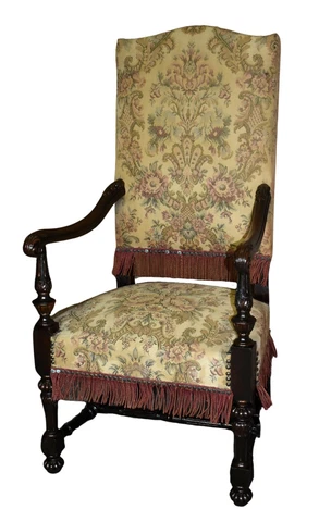 Antique Tudor Style Carved Oak High Back Chair w/Fringe & Stretcher Base Cover