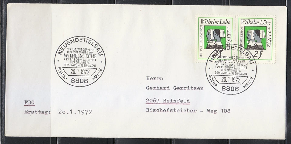Germany 1972 FDC cover Mi 710 Sc 1087 Wilhelm Lohe Neo Lutheran.Neuendettelsau - Image 1 of 1