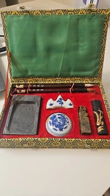 Vintage Chinese Calligraphy Set – Inkstone, Brushes, Porcelain Acces - Image 1 of 3
