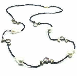 Collana Larga Oro Amarillo 18K, Con Lapislázuli Y Perlas A Gotas Y Discos, 90 CM - Imagen 1 de 10